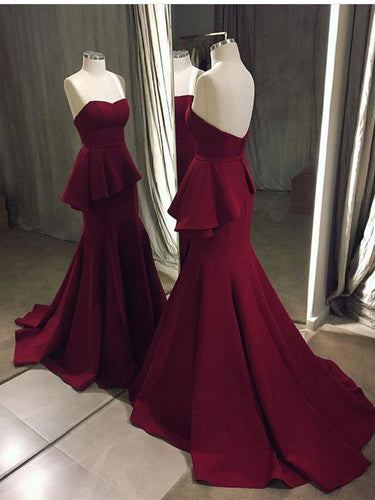 BohoProm prom dresses Mermaid Sweetheart Sweep Train Satin Simple Burgundy Prom Dresses APD2616