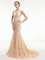 Mermaid V-neck Sweep Train Lace Beading Elegant Prom Dresses HX0025