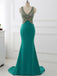 BohoProm prom dresses Mermaid V-neck Sweep Train Satin Rhine Stone Prom Dresses ASD27085