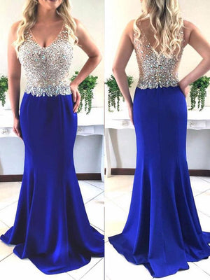 BohoProm prom dresses Mermaid V-neck Sweep Train Satin Sequined Royal Blue Prom Dress 3068