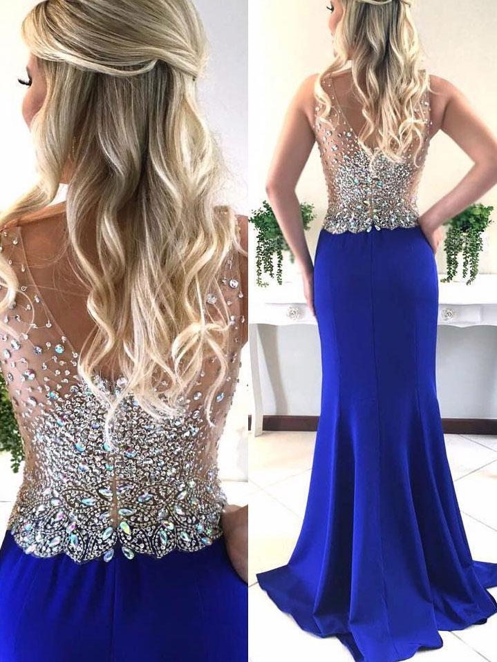 BohoProm prom dresses Mermaid V-neck Sweep Train Satin Sequined Royal Blue Prom Dress 3068