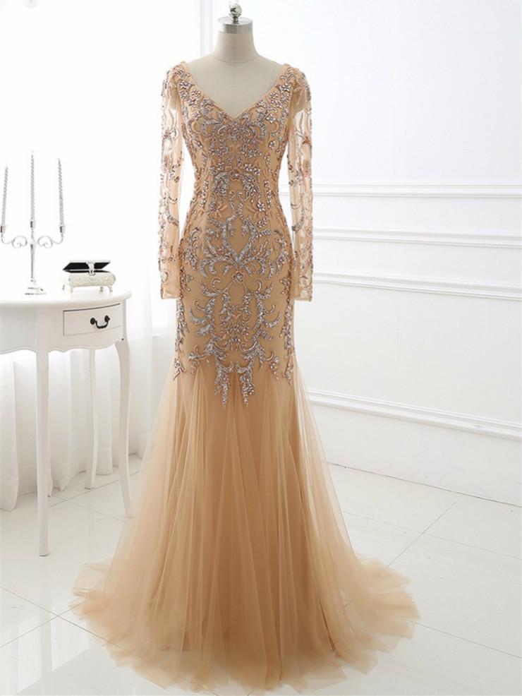 BohoProm prom dresses Mermaid V-neck Sweep Train Tulle Rhine Stone Prom Dresses With Sequins ASD27086