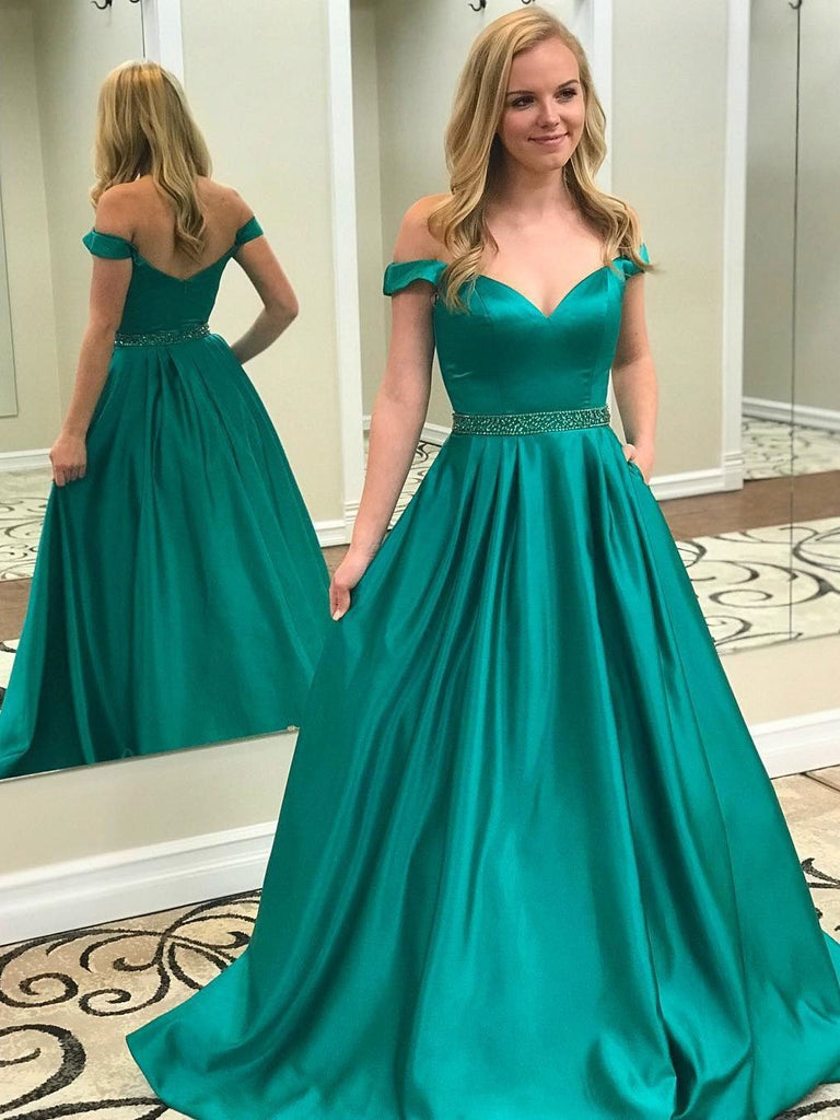 BohoProm prom dresses Modern Satin Off-the-shoulder Neckline Chapel Train A-line Prom Dresses With Beadings PD033