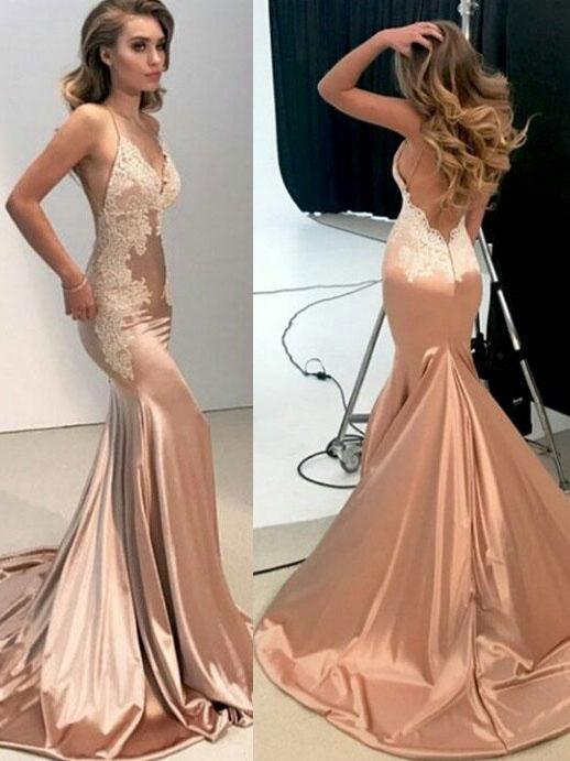 BohoProm prom dresses Modern Satin Spaghetti Straps Neckline Sheath Prom Dresses With Appliques PD137