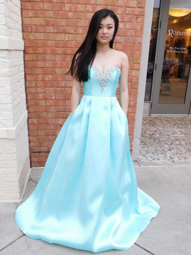 BohoProm prom dresses Modern Satin Sweetheart Neckline Chapel Train A-line Prom Dresses With Rhinestones PD008