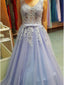 Modern Tulle V-neck Neckline Sweep Tran A-line Prom Dresses With Beaded Appliques PD068