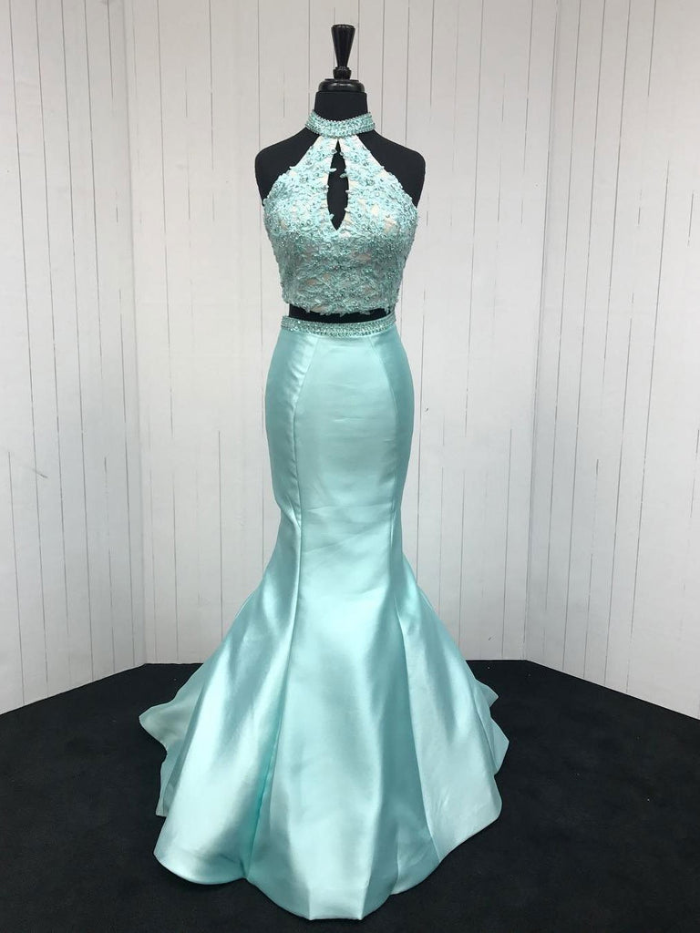 BohoProm prom dresses Modest Satin High-neck Sweep Train 2 Pieces Mermaid Prom Dresses With Beaded Appliques PD057