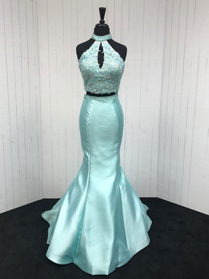 BohoProm prom dresses Modest Satin High-neck Sweep Train 2 Pieces Mermaid Prom Dresses With Beaded Appliques PD057