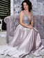 Modest Satin Spaghetti Straps Neckline Sweep Train A-line Prom Dresses With Beading PD037