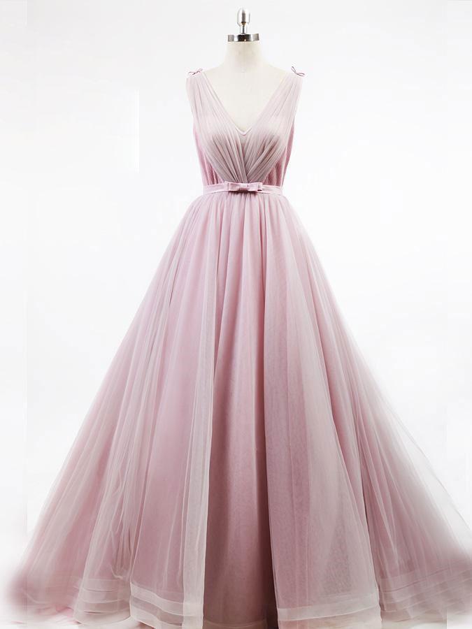 BohoProm prom dresses Modest Tulle V-neck Neckline Ball Gown Chapel Train Prom Dresses With Bowknot PD189