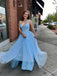 BohoProm prom dresses Modest Tulle V-neck Neckline Sweep Train A-line Prom Dresses With Beaded Appliques PD070