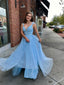 Modest Tulle V-neck Neckline Sweep Train A-line Prom Dresses With Beaded Appliques PD070