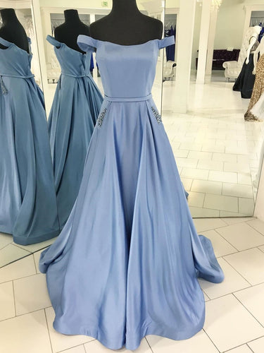 BohoProm prom dresses Outstanding Satin Off-the-shoulder Neckline Sweep Train A-line Prom Dresses With Rhinestones PD017