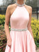 BohoProm prom dresses Popular Satin Jewel Neckline Backless Sweep Train A-line Prom Dresses With Rhinestones PD048