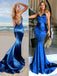 BohoProm prom dresses Sexy Satin Spaghetti Straps Neckline Chapel Train Mermaid Prom Dresses With Pleats PD004
