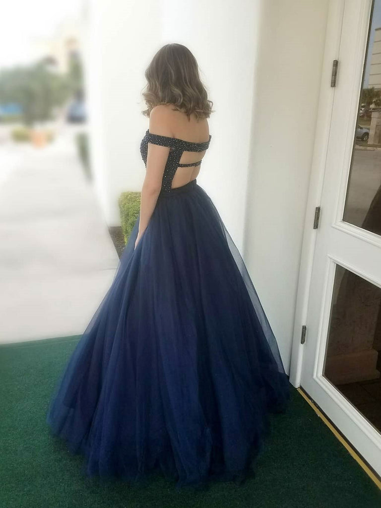 BohoProm prom dresses Sexy Tulle Off-the-shoulder Neckline Ball Gown Prom Dresses With Beadings PD147