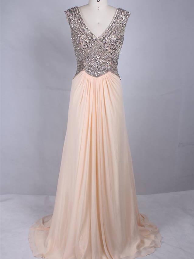 BohoProm prom dresses Shimmering Chiffon V-neck Neckline Cap Sleeves A-line Prom Dresses With Sequins PD214