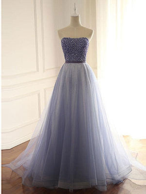 BohoProm prom dresses Shimmering Tulle Strapless Neckline Chapel Train A-line Prom Dresses With Beadings PD036
