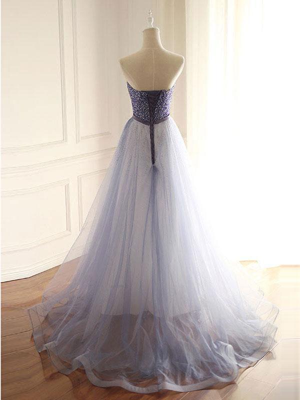 BohoProm prom dresses Shimmering Tulle Strapless Neckline Chapel Train A-line Prom Dresses With Beadings PD036