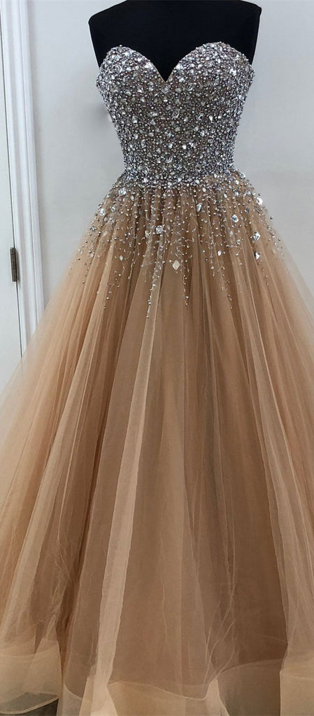 BohoProm prom dresses Shimmering Tulle Sweetheart Neckline Floor-length A-line Prom Dresses With Rhinestones PD009