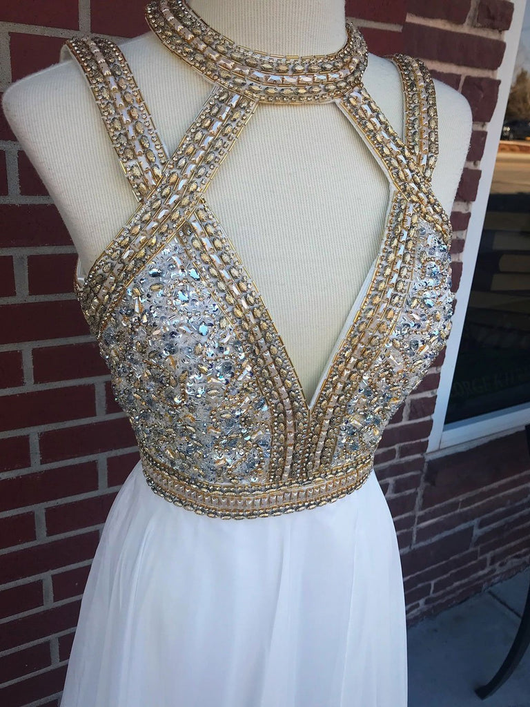 BohoProm prom dresses Shining Silk-like Chiffon Jewel Neckline A-line Prom Dresses With Rhinestones PD153