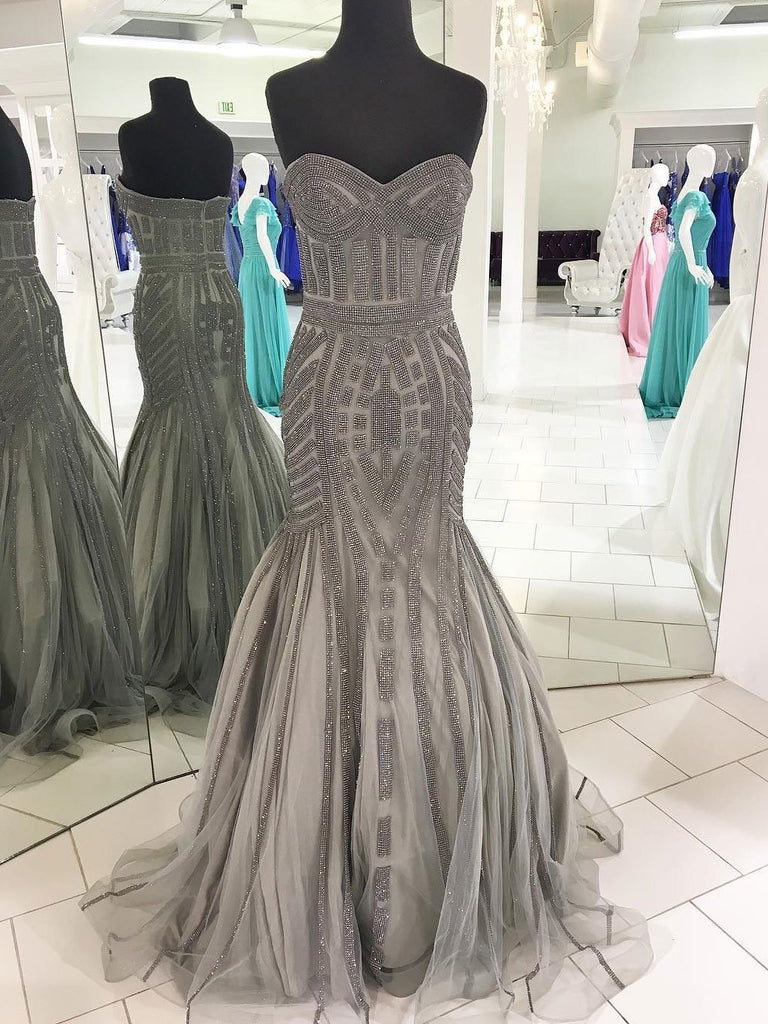 BohoProm prom dresses Shining Tulle Sweetheart Neckline Sweep Train Mermaid Prom Dresses With Beading PD003
