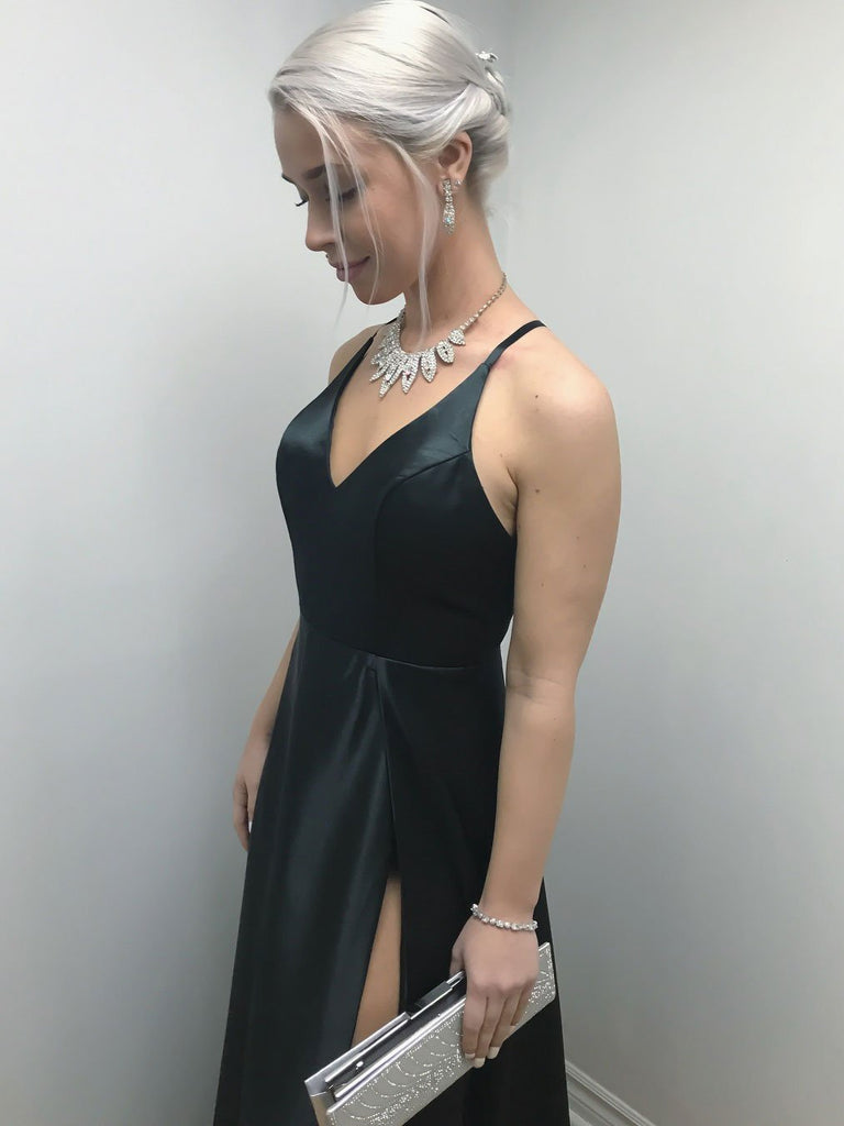 BohoProm prom dresses Simple Satin Spaghetti Straps Neckline A-line Prom Dresses With Slit PD083