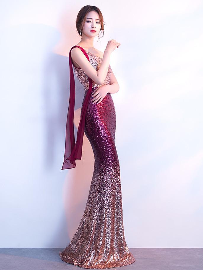 BohoProm prom dresses Sparkly Sequin Lace One Shoulder Neckline Floor-length Mermaid Prom Dress PD207