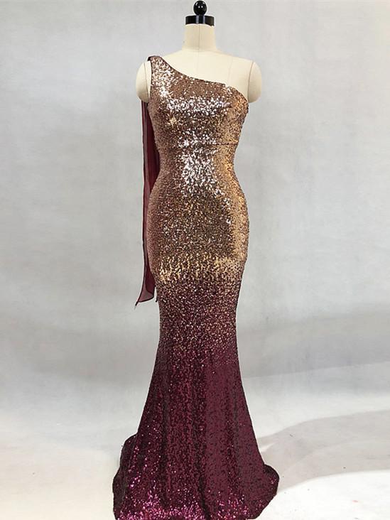 BohoProm prom dresses Sparkly Sequin Lace One Shoulder Neckline Floor-length Mermaid Prom Dress PD207