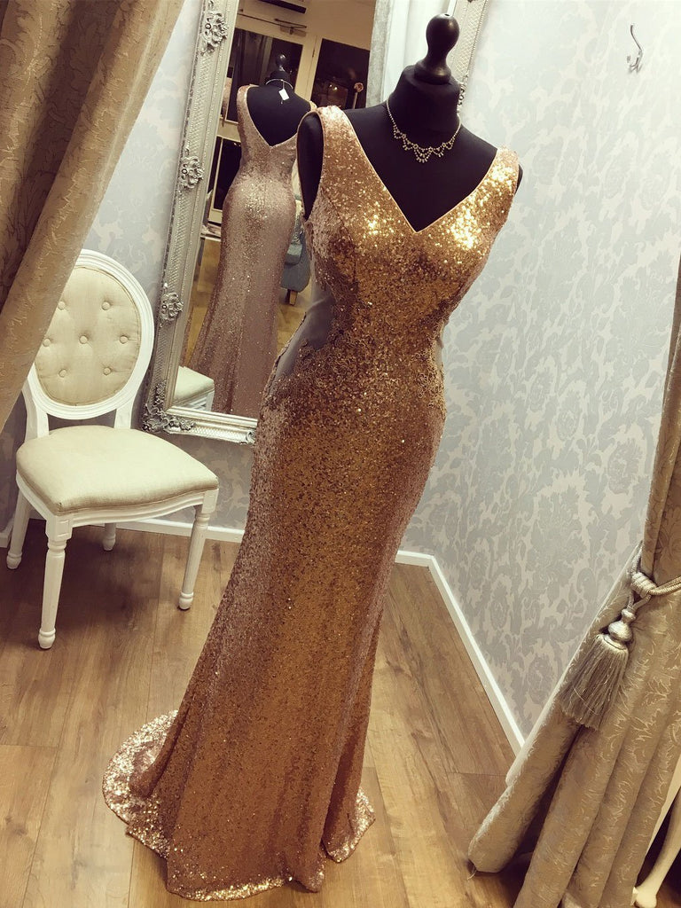 BohoProm prom dresses Stunning Sequin Lace V- neck Neckline Sweep Train Sheath Prom Dress PD059
