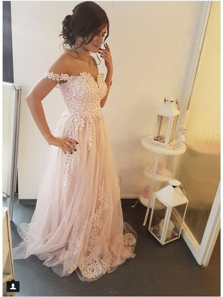 BohoProm prom dresses Stunning Tulle Off-the-shoulder Neckline A-line Prom Dresses With Appliques PD171