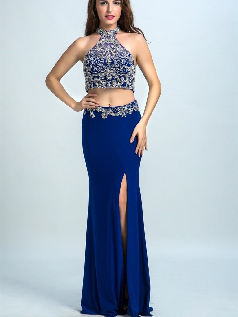 BohoProm prom dresses Trumpet/Mermaid Halter Floor-Length Satin Rhine Stone Royal Blue Prom Dresses 2912