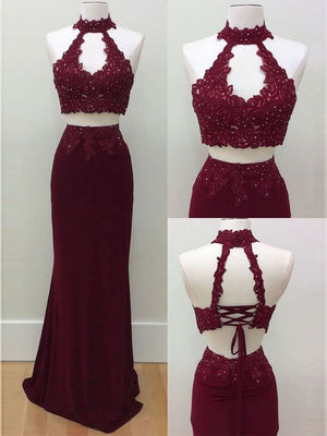 BohoProm prom dresses Trumpet/Mermaid Halter Sweep Train Jersey Appliqued Rhinestone Two Piece  Prom Dresses 3016