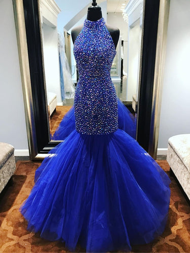 BohoProm prom dresses Trumpet/Mermaid Halter Sweep Train Tulle Rhine Stone Royal Blue Prom Dresses 3023