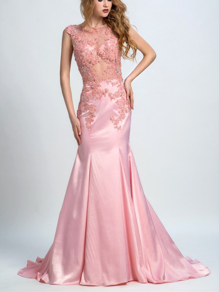 BohoProm prom dresses Trumpet/Mermaid Illusion Sweep Train Satin  Rhine Stone Appliqued Prom Dresses 2890