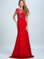 Trumpet/Mermaid Illusion Sweep Train  Satin Beaded Red Evening Dresses 2913