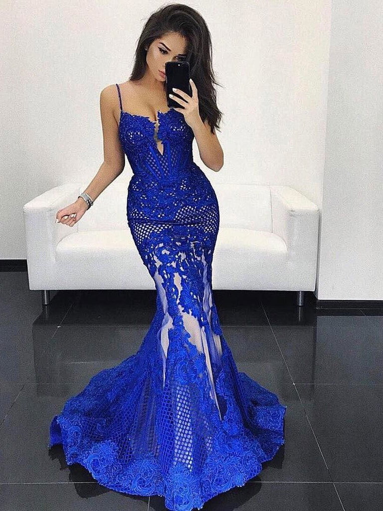 BohoProm prom dresses Trumpet/Mermaid Spaghetti Strap Sweep Train Tulle Appliqued Sexy Prom Dresses 2771