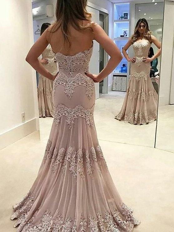 BohoProm prom dresses Trumpet/Mermaid Sweetheart Sweep Train Tulle Appliqued Beaded Prom Dresses 2828