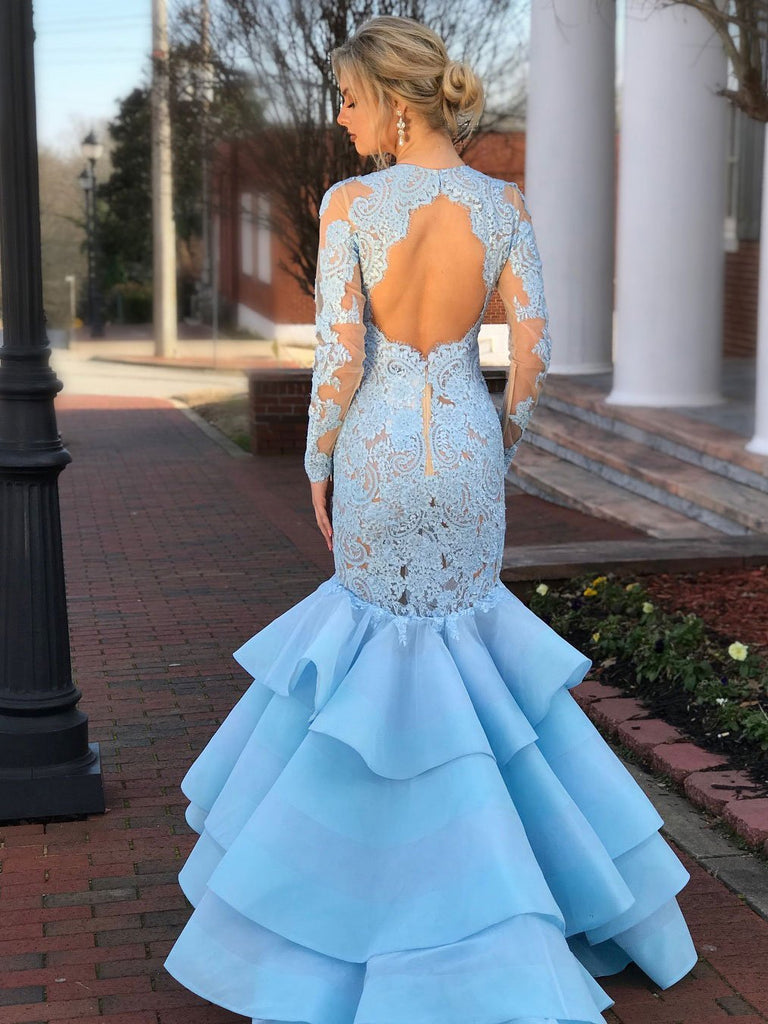 BohoProm prom dresses Unique Organza Jewel Neckline Sweep Train Mermaid Prom Dresses With Appliques PD052