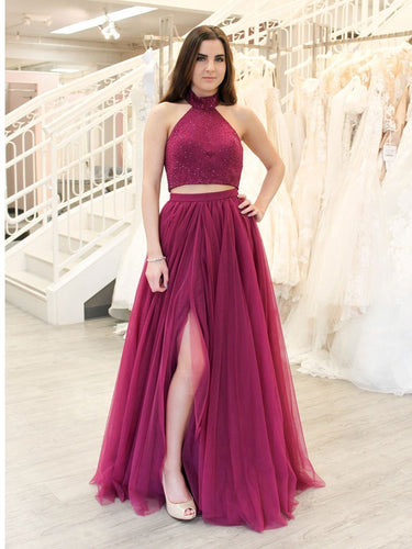 BohoProm prom dresses Unique Tulle High-neck Neckline 2 Pieces A-line Prom Dresses With Beadings PD135
