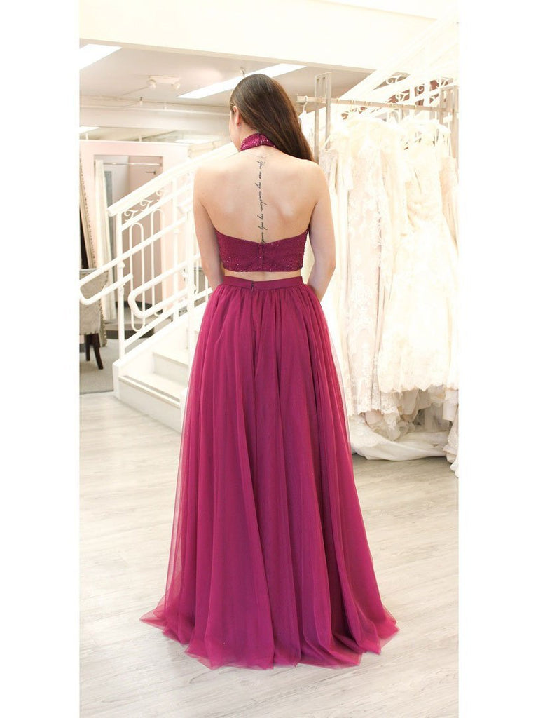BohoProm prom dresses Unique Tulle High-neck Neckline 2 Pieces A-line Prom Dresses With Beadings PD135