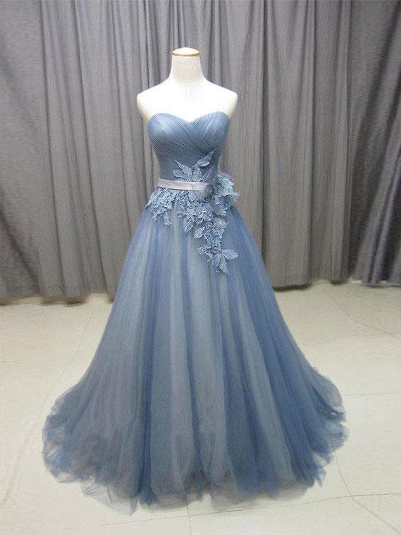 BohoProm prom dresses Unique Tulle Sweetheart Neckline Sweep Train A-line Prom Dresses With Appliques PD034