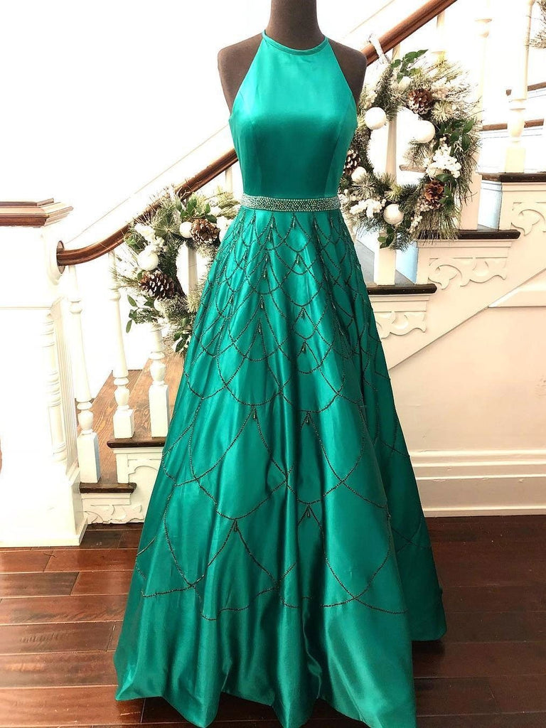 BohoProm prom dresses Wonderful Satin Jewel Neckline Cut-out Chapel Train A-line Prom Dresses With Beading PD005