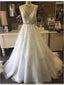 A-line Deep-V Chapel Train Tulle Appliqued Beaded Wedding Dresses SWD040