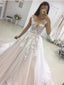 A-line Deep-V Chapel Train Tulle Appliqued Wedding Dresses SWD029