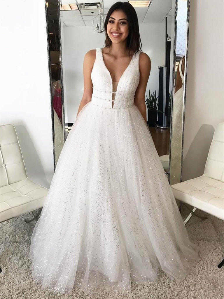 BohoProm Wedding Dresses A-line Deep-V Floor-Length Tulle Beaded Sequined Wedding Dress 3106
