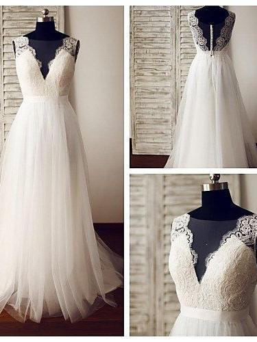 BohoProm Wedding Dresses A-line Deep-V Floor-Length Tulle Lace Wedding Dresses ABC0004