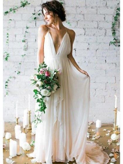 BohoProm Wedding Dresses A-line Deep-V Sweep Train Chiffon Simple Wedding Dresses ASD26738