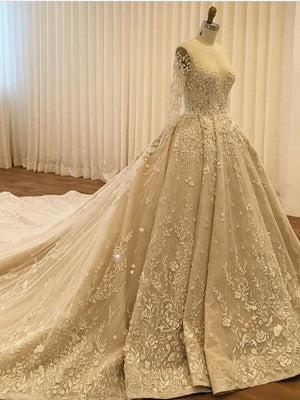 BohoProm Wedding Dresses A-line Illusion Cathedral Train Tulle Appliqued Beaded Long Elegant Wedding Dresses 2819