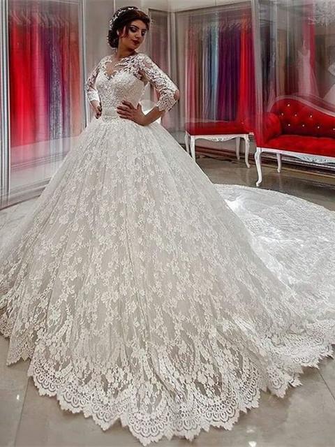 BohoProm Wedding Dresses A-line Illusion Cathedral Train Tulle Lace Beaded Wedding Dresses ASD26737